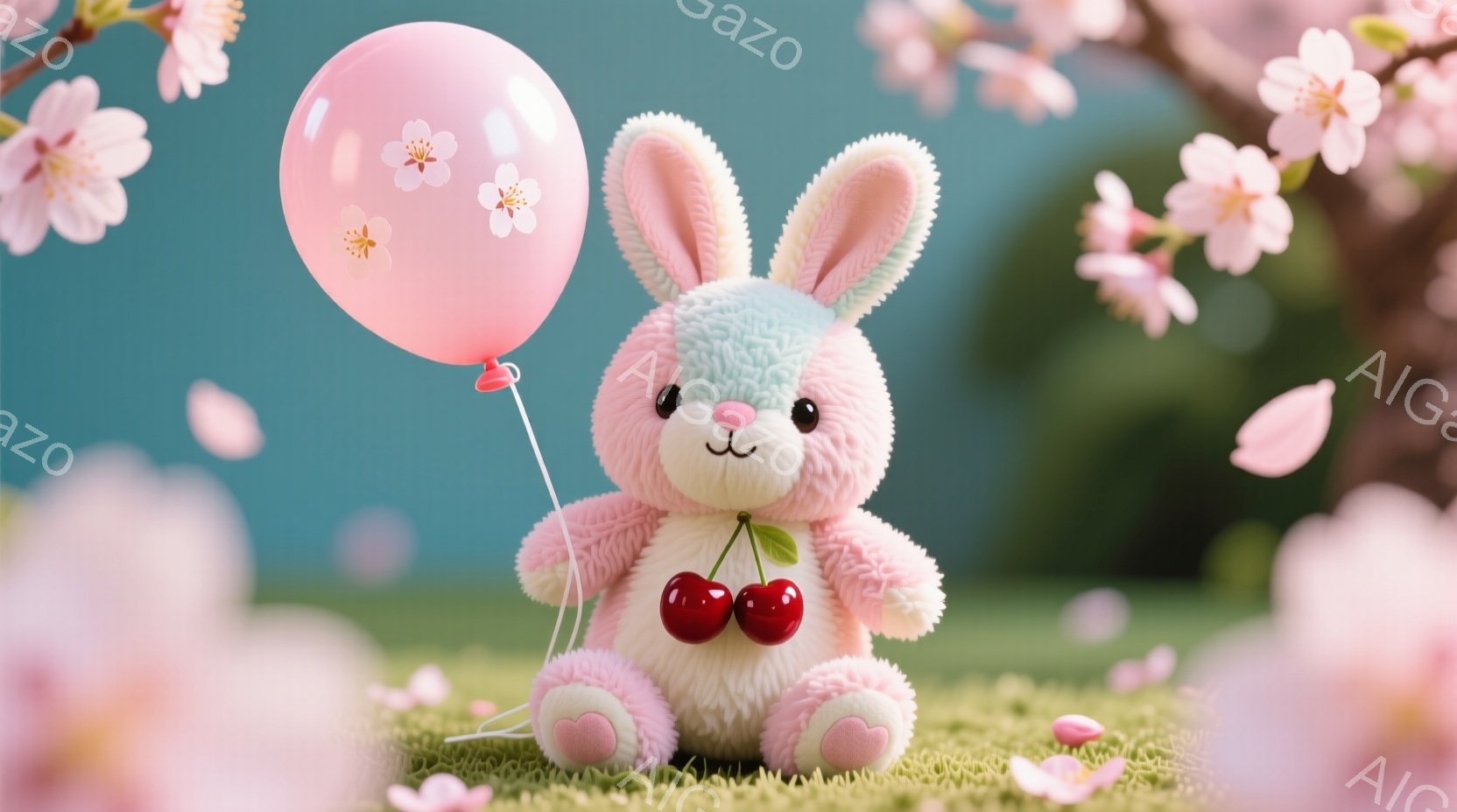ふわふわのピンクと水色のぬいぐるみうさぎが、赤いチェリーのペンダントをつけて立っています。うさぎはピンク色の風船を握っており、背景には桜の花びらが舞い、春の穏やかな雰囲気が漂っています。緑色の芝生の上にうさぎが佇み、全体的に可愛らしく優しい印象を与えます。