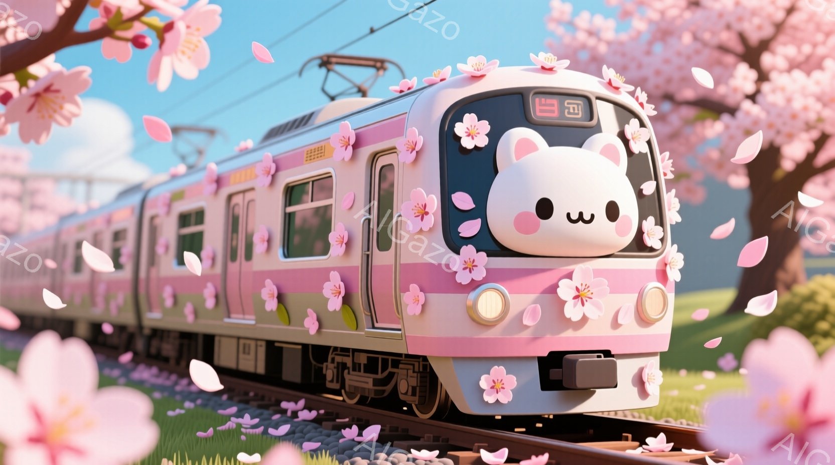 淡いピンク色の電車が桜の花びらに囲まれて線路を走っている。電車の前面には、可愛らしい顔が描かれており、桜の花飾りで彩られている。背景には、桜並木と青空が広がり、春の暖かく穏やかな雰囲気を醸し出している - AI生成フリー素材