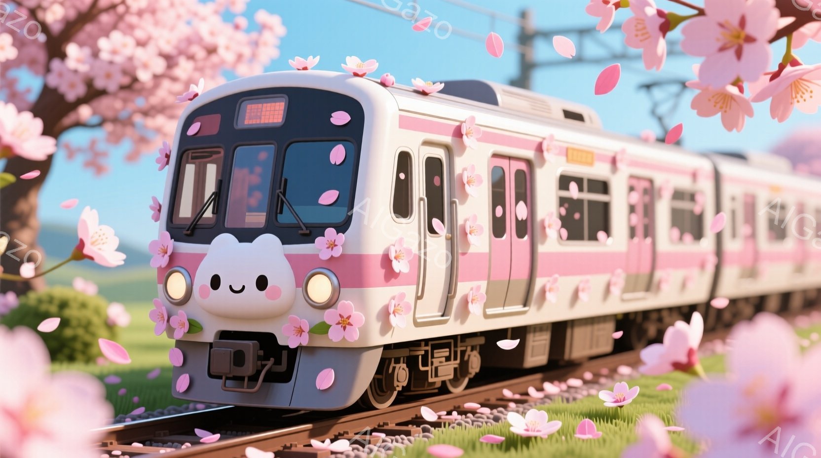 ピンク色の電車が線路の上を走っており、可愛らしい顔と大きな目を持っています。電車の周りには桜の花びらが舞い散り、春の暖かく穏やかな雰囲気を醸し出しています。背景には緑の草と青い空が見え、心地よい季節を - AI生成フリー素材