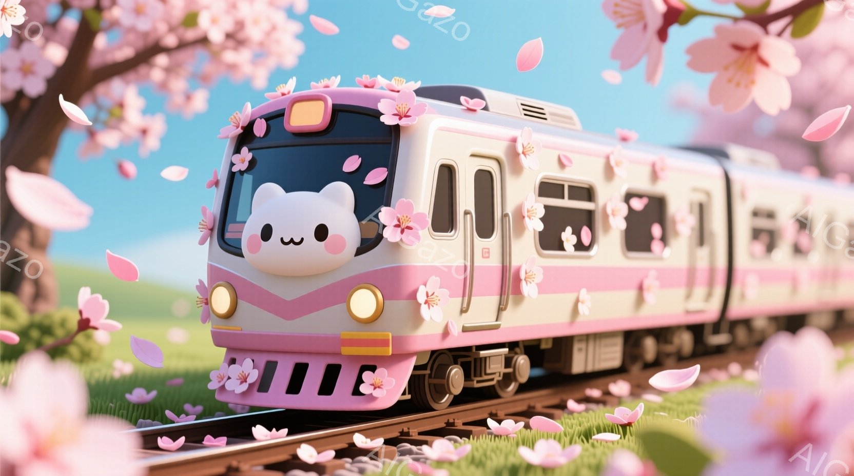 ピンク色の可愛らしい電車が、桜の花びらが舞う緑色の草原を走っています。電車の正面には、大きな目と口が描かれており、まるで生きているかのような表情をしています。背景には、桜の木が咲き誇り、春の穏やかで華 - AI生成フリー素材