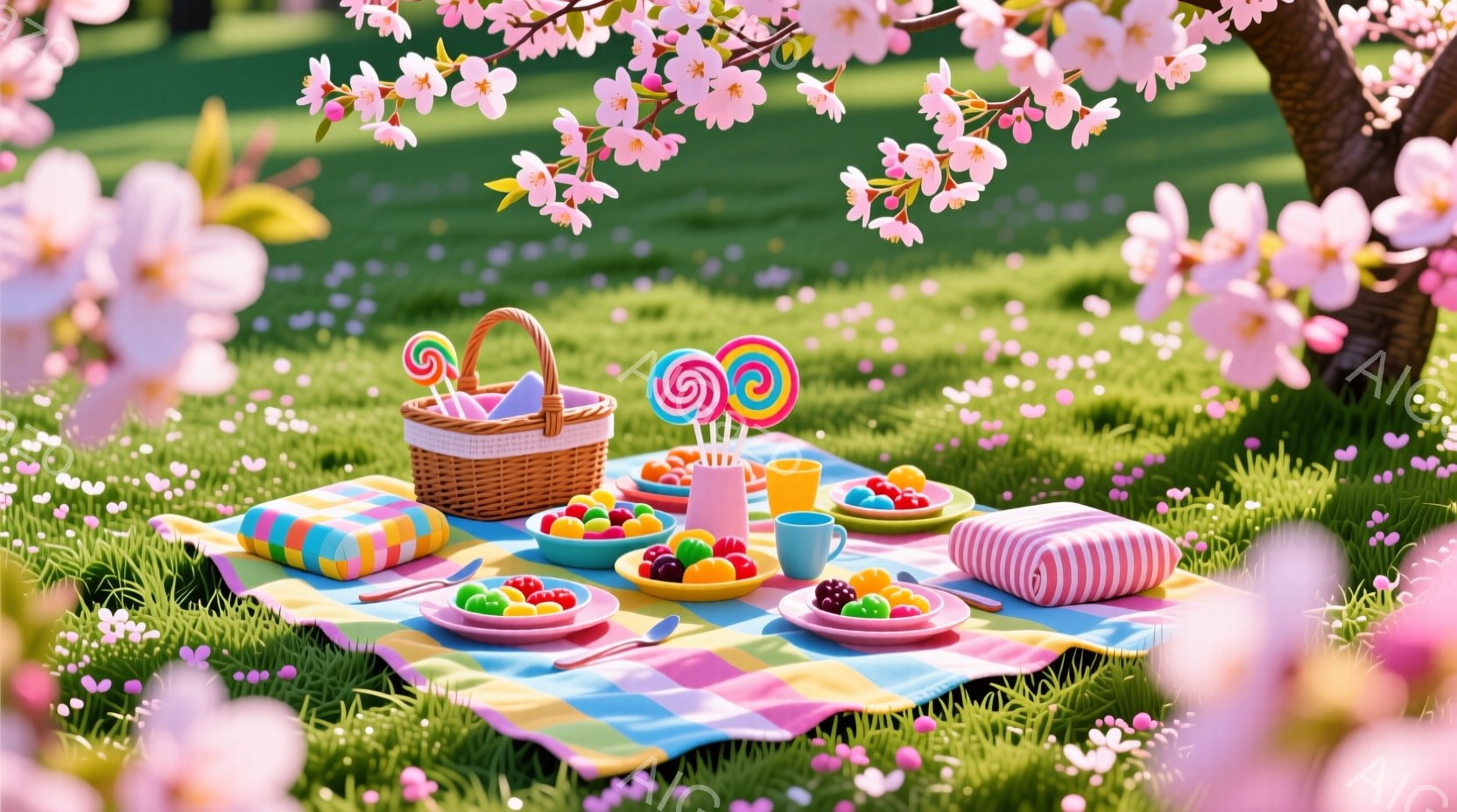 広々とした緑の芝生の上に、カラフルなピクニックが広げられています。ピンク、青、黄色のストライプの敷物には、キャンディ、ゼリー、そして小さなケーキが並べられた可愛らしい食器が置かれており、バスケットからはロリポップが覗いています。背景には桜の花びらが舞い、春の暖かく穏やかな雰囲気を演出しています。
