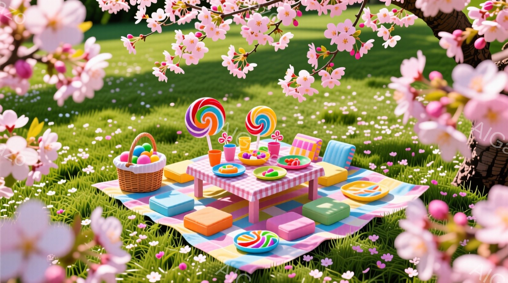 桜の花びらが舞う緑の草原に、ピンクと白のチェック柄のピクニックシートが広げられています。小さなテーブルの上には、キャンディやカラフルなクッキー、飲み物が並べられ、まるでパーティーの準備が整っているかの - AI生成フリー素材