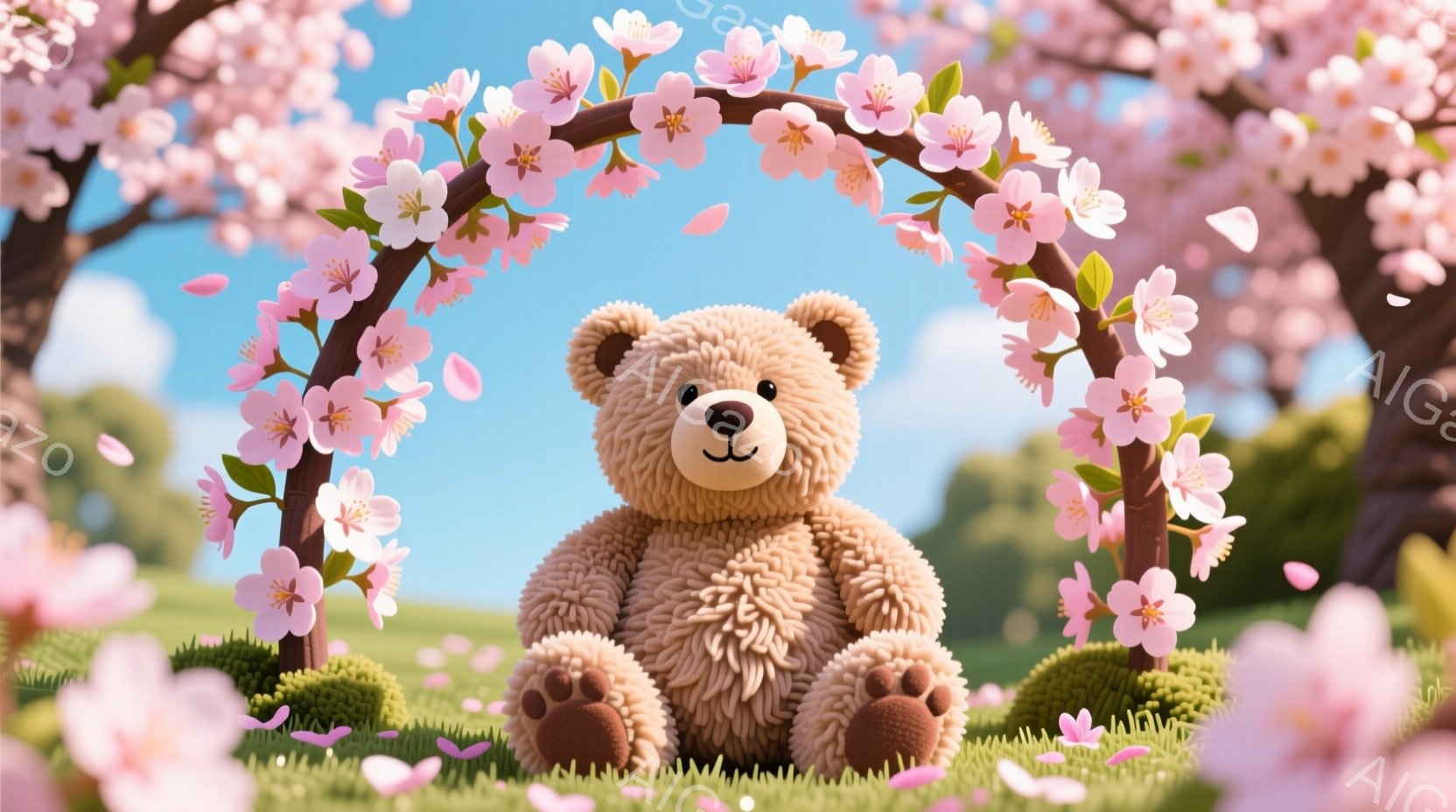 ぬいぐるみのような茶色のクマが、桜の花で飾られたアーチの下に座っています。周りには緑の芝生が広がり、背景にはぼやけた桜の木々と青空が見えます。全体的に暖かく、穏やかで、春らしい雰囲気が漂っています。 - AI生成フリー素材