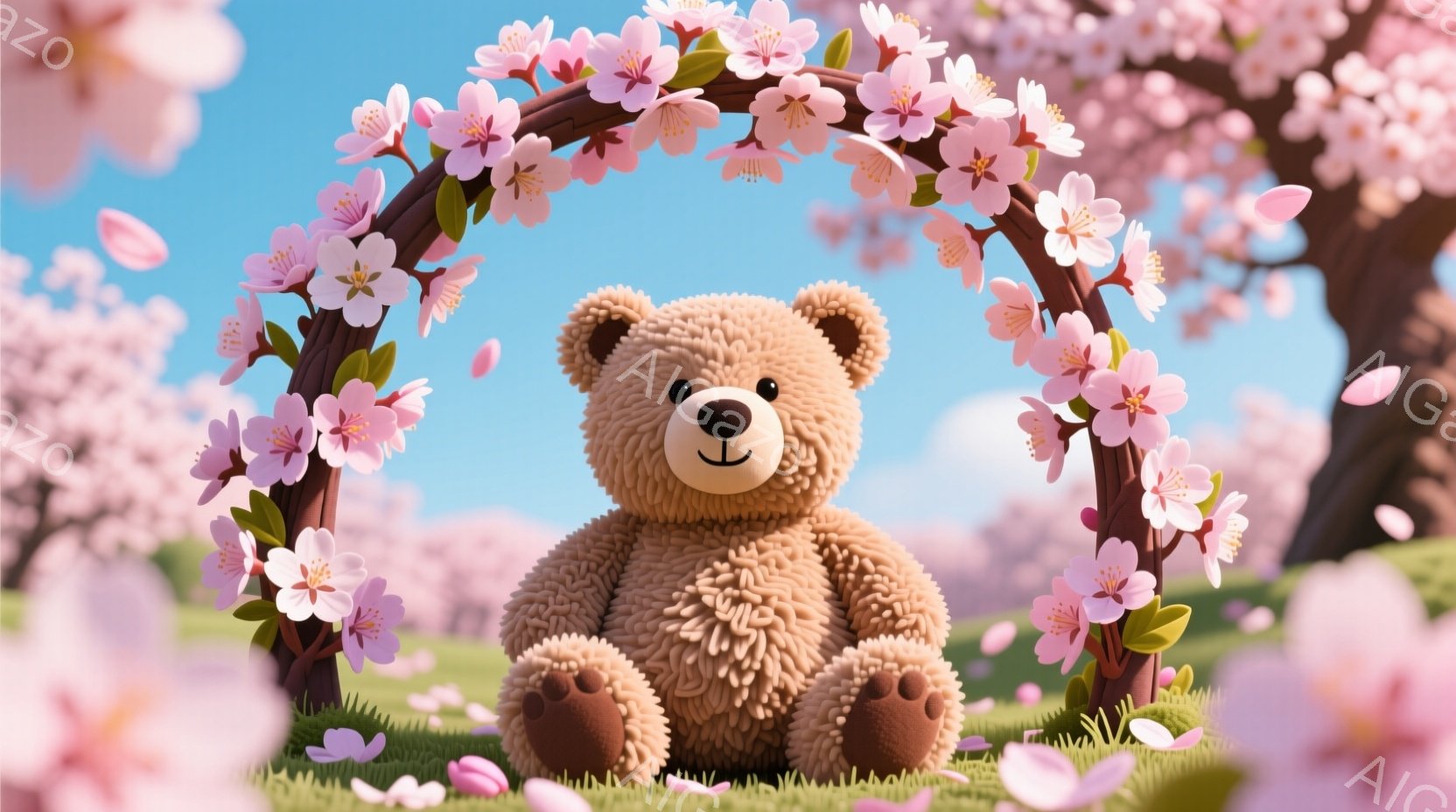 柔らかい茶色のテディベアが、桜の花で飾られたアーチの下に座っています。ベアは穏やかな表情で、前足はだらりと伸びてリラックスした様子です。背景には、桜の木々と緑の草むらが広がり、ピンク色の花びらが舞い散 - AI生成フリー素材