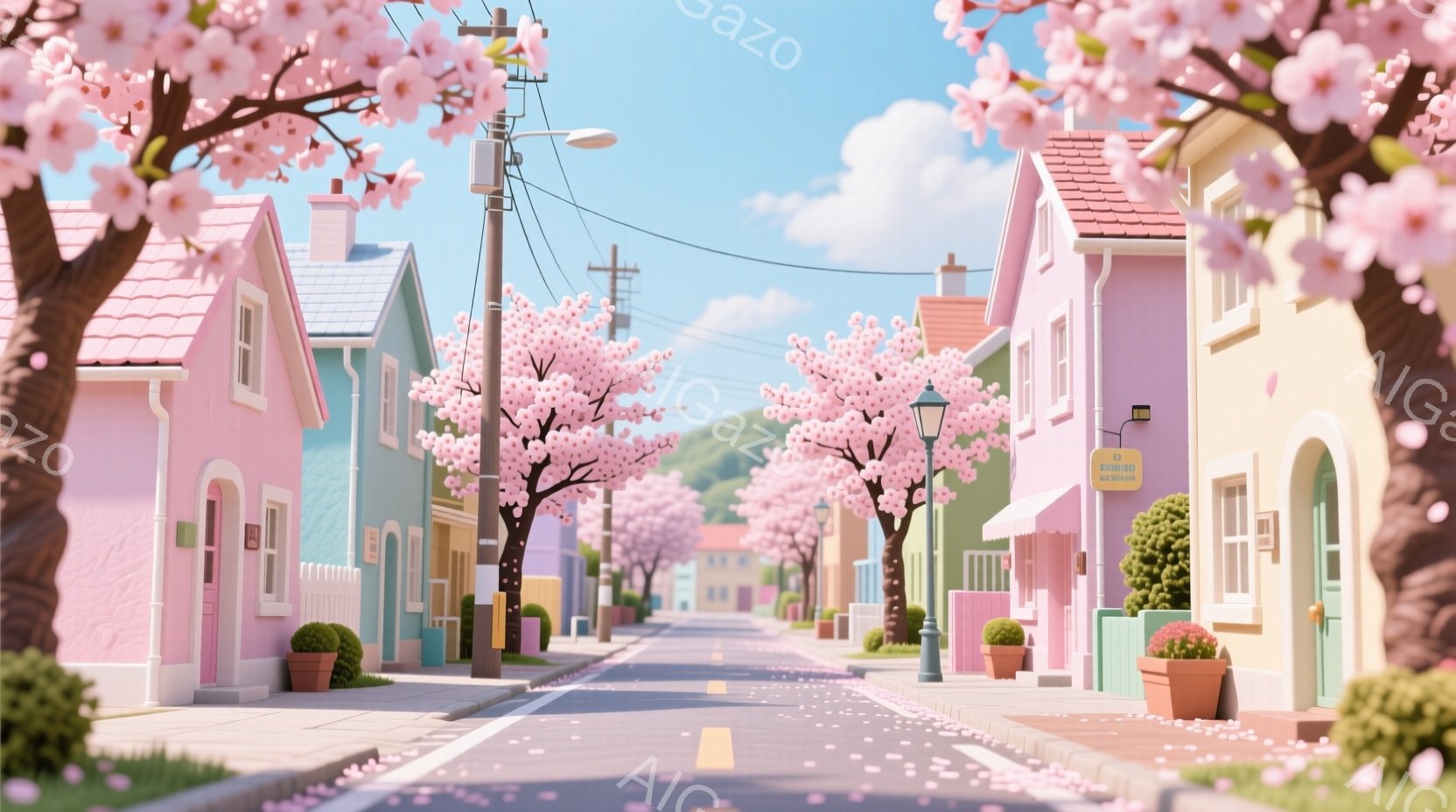 桜並木が続く、色彩豊かな住宅街の風景です。淡いピンク、緑、紫色の家々が整然と並び、アスファルトの道には散り始めた桜の花びらが舞っています。穏やかな日差しが降り注ぎ、春の暖かさと静けさを感じさせる、可愛 - AI生成フリー素材