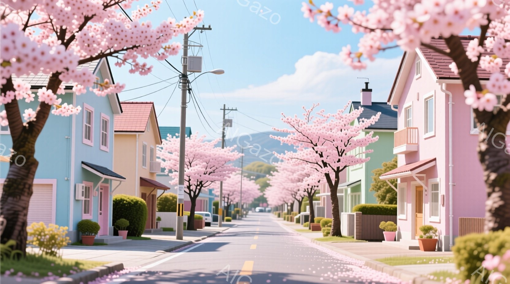 並木道には、薄桃色の桜が満開で、花びらが舞い散っている。パステルカラーの可愛らしい家々が並び、静かで穏やかな春の雰囲気が漂っている。遠くには緑の丘が見え、空は明るい青色で、穏やかな春の日の風景が広がっ - AI生成フリー素材