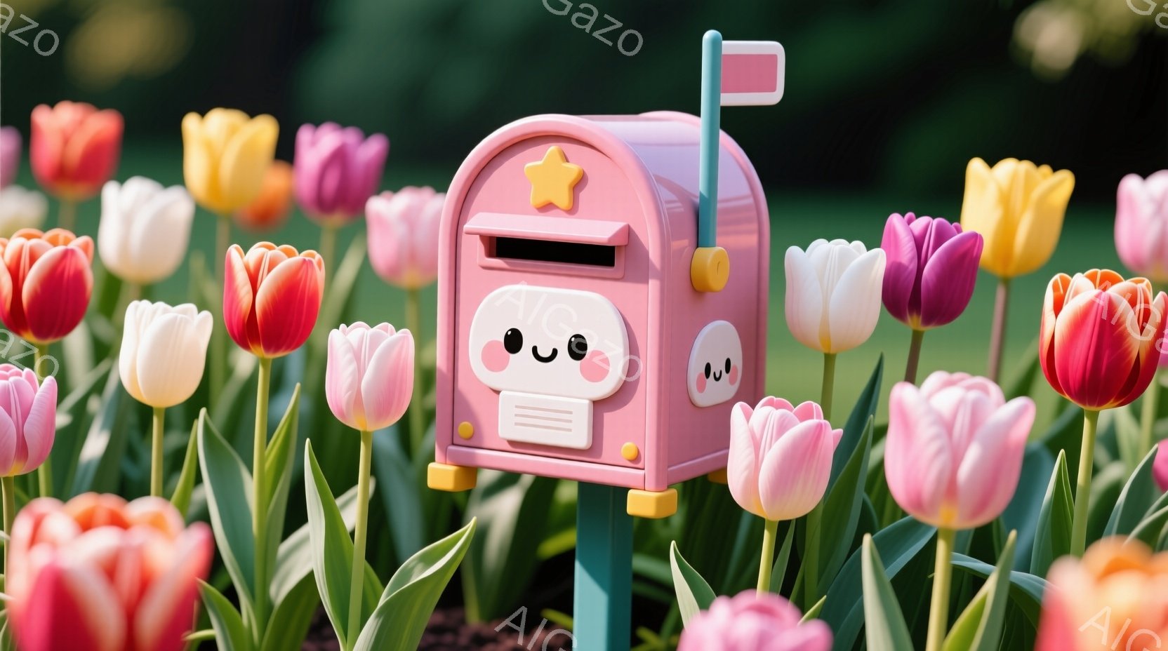 明るいピンク色の可愛らしい郵便受けが、色とりどりのチューリップの花畑の中に立っています。郵便受けには大きな目と口が描かれており、まるで生きているかのような表情をしています。背景には緑豊かな草地が広がり - AI生成フリー素材