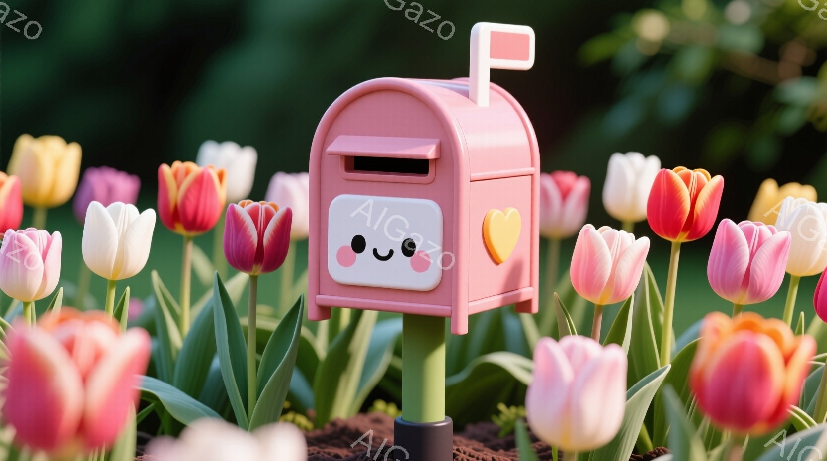 明るいピンク色の可愛らしい郵便受けが、色とりどりのチューリップの花畑に立っています。郵便受けには、つぶらな瞳と小さな笑顔が描かれており、可愛らしさを強調しています。背景は緑豊かな自然で、暖かく穏やかな春の雰囲気を感じさせます。