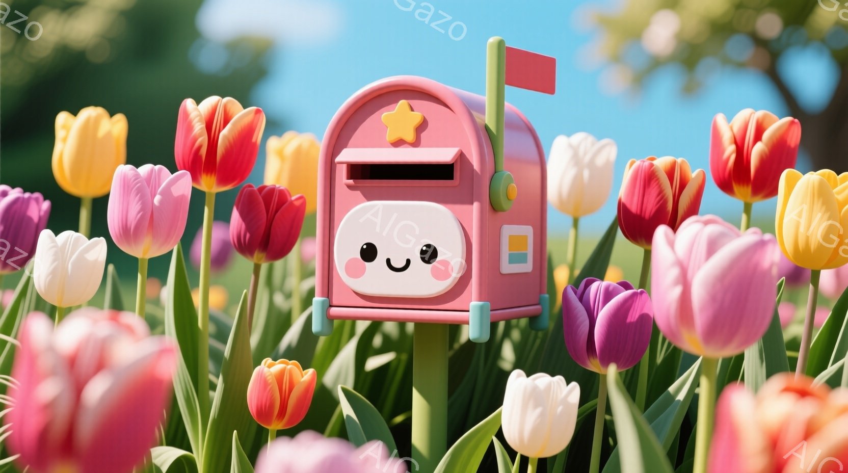 明るいピンク色の可愛い郵便受けが、色とりどりのチューリップの花畑の中に立っている。郵便受けにはつぶらな瞳と頬の紅が描かれており、愛らしい表情をしている。背景にはぼやけた緑と青空が見え、春の暖かく穏やかな雰囲気が漂っている。