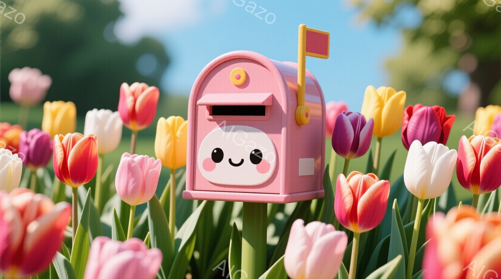 明るいピンク色の可愛らしい郵便受けが、色とりどりのチューリップの花畑の中に佇んでいます。郵便受けには、つぶらな瞳とほのかな笑顔が描かれており、親しみやすい表情をしています。背景には緑の草が生い茂り、穏やかな晴天の下、春の訪れを感じさせる暖かく優しい雰囲気です。