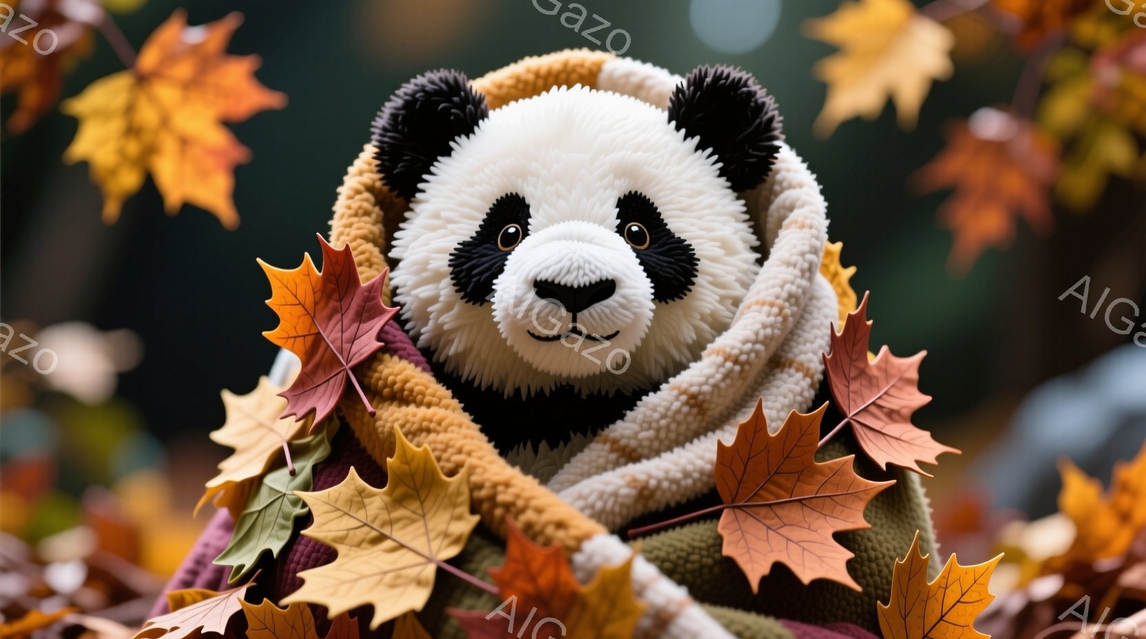 ふわふわのパンダのぬいぐるみがおしゃれなテクスチャのセーターを着て、葉っぱに囲まれています。パンダは穏やかな表情で、リラックスした雰囲気です。背景は秋の暖色系の葉っぱで満たされ、暖かく優しい秋の日の雰囲気を醸し出しています。