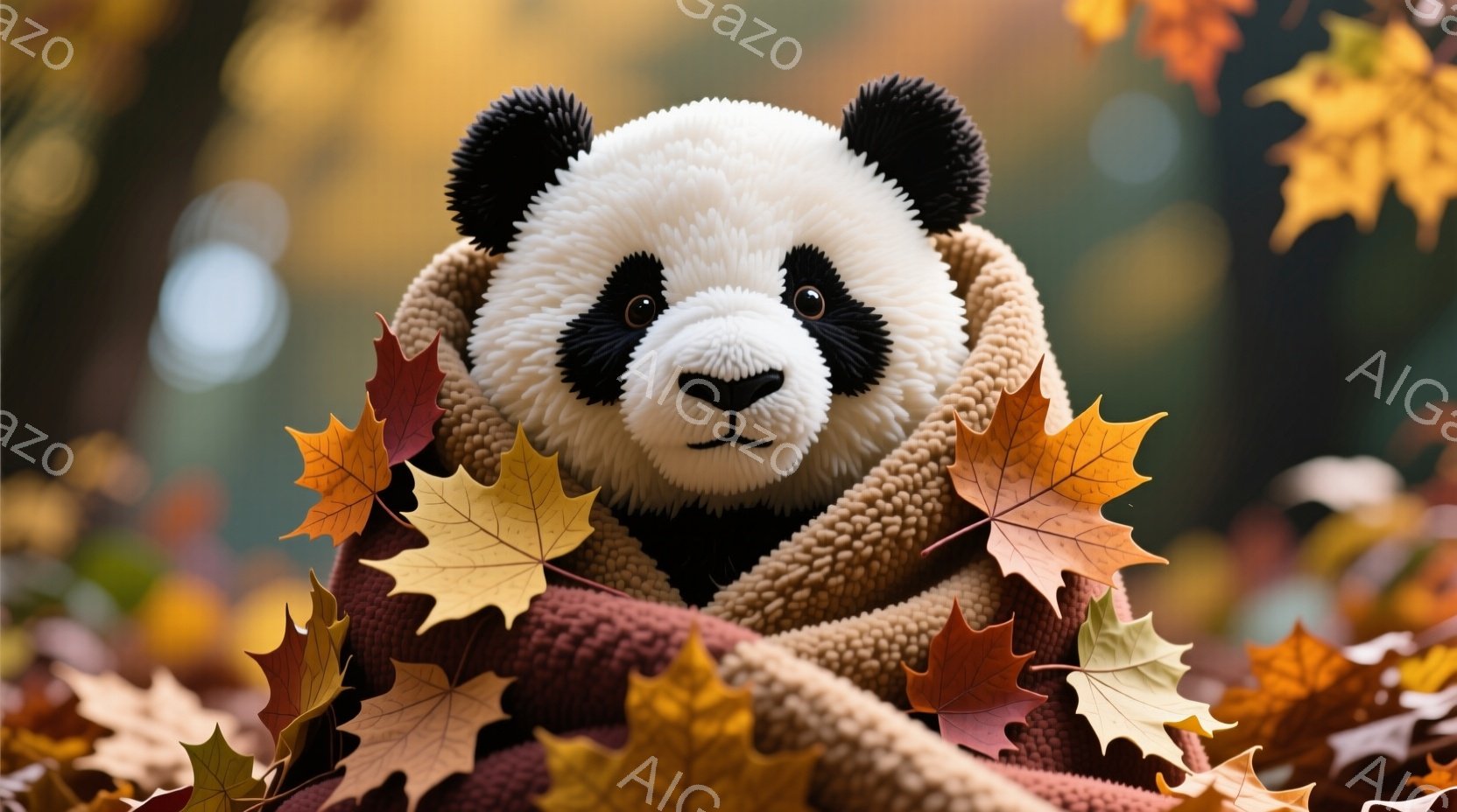 ふわふわの茶色のセーターを着たパンダが、鮮やかな紅葉に囲まれて微笑んでいます。パンダは丸い体でセーターに包まれ、リラックスした優しい表情をしています。背景はぼやけた秋の風景で、暖かく穏やかな雰囲気です - AI生成フリー素材