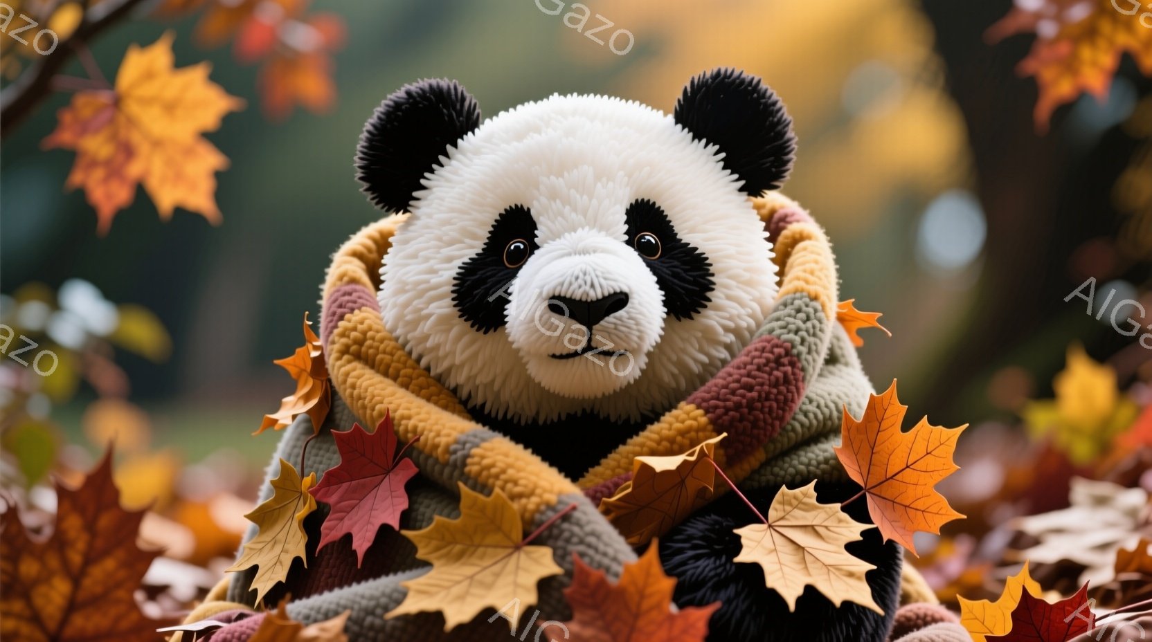 温かい色合いのニットを巻き付けたパンダが、まるで毛布に包まっているかのように座っています。背景は鮮やかな紅葉で覆われ、秋の穏やかな雰囲気を醸し出しています。パンダは穏やかな表情で、暖かく落ち着いた印象 - AI生成フリー素材
