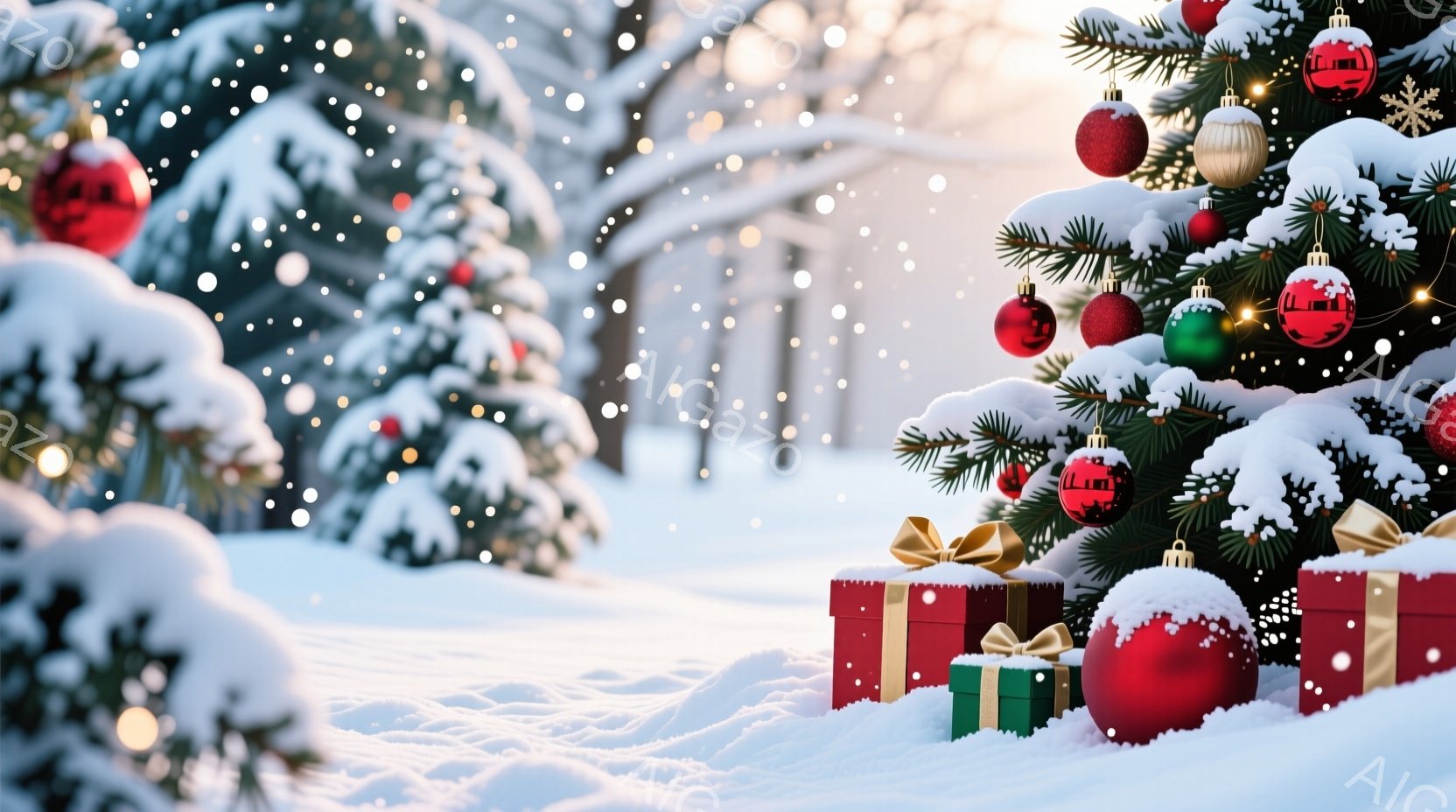 雪が降り積もる冬の森の中のクリスマスツリーが描かれています。赤や緑のオーナメントと電飾で飾られたツリーの周りには、リボンで結ばれたプレゼントが置かれており、暖かく穏やかな雰囲気を醸し出しています。背景 - AI生成フリー素材