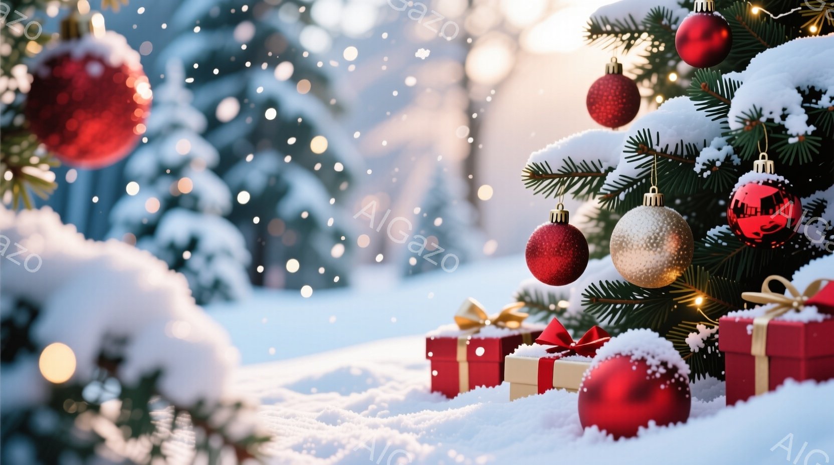 鮮やかな赤いオーナメントとプレゼントボックスが雪に覆われた風景の中に置かれています。背景にはぼやけた緑の木々と、きらめく雪が舞い降りる様子が見え、全体的に温かく、お祝いの雰囲気を醸し出しています。冬の - AI生成フリー素材