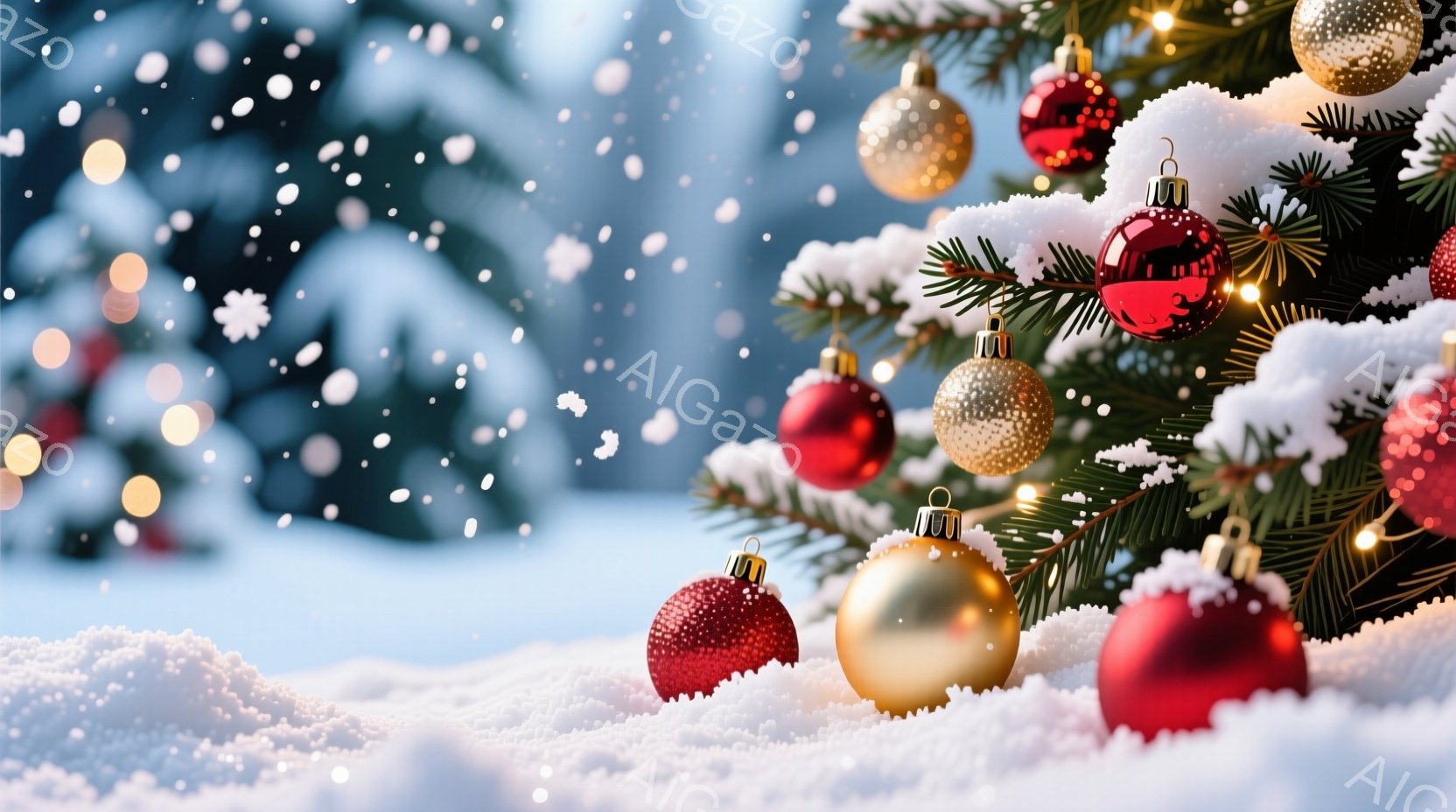 クリスマスツリーの枝に、赤と金のオーナメントが飾られています。背景は雪景色で、ぼんやりと木々が見え、雪が舞い散る様子が描かれています。全体的に暖かく、お祝いムードあふれる冬の光景です。 - AI生成フリー素材