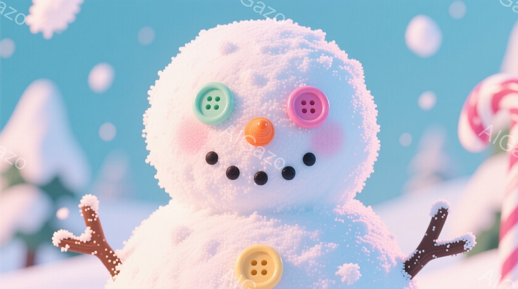 雪だるまが正面を向いており、丸い体には雪の質感が表現されています。ボタンでできた目、オレンジ色の小さな鼻、そして黒いボタンで作られた笑顔が愛らしい表情を作り出しています。背景は雪景色で、遠くにはピンク - AI生成フリー素材