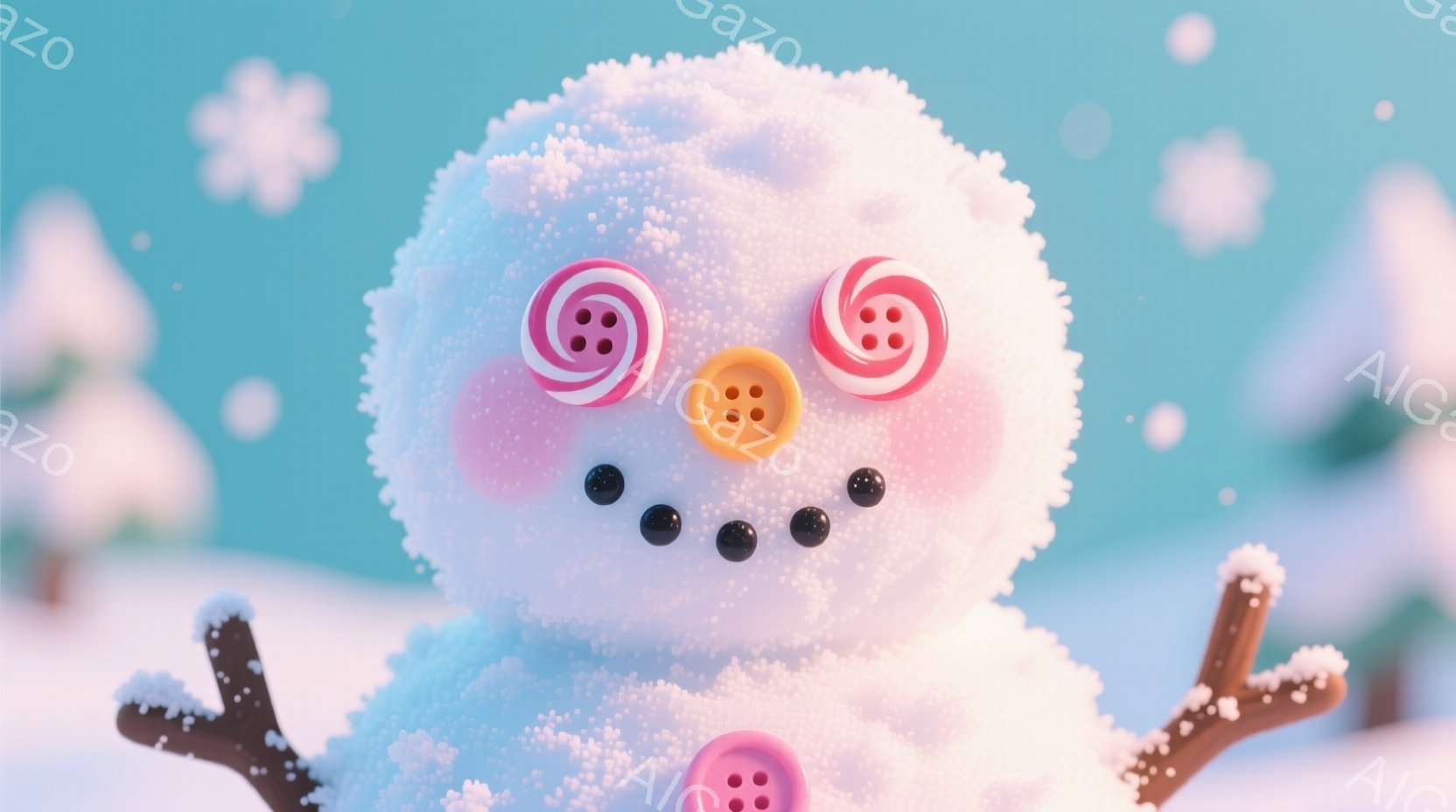 雪だるまは、丸い体に小さな枝の腕と、カラフルなボタンがいくつか付いています。顔にはピンク色のほっぺと、渦巻きキャンディのような目、そして黒い小石のような口があり、愛らしい表情をしています。背景は雪景色 - AI生成フリー素材