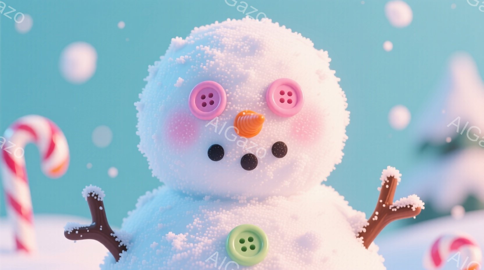 雪だるまが画面中央に大きく描かれており、可愛らしい表情をしています。茶色い木の枝が腕の代わりになっており、身体には緑とピンクのボタンがいくつか付けられています。背景は雪景色で、ピンクと白のキャンディケ - AI生成フリー素材