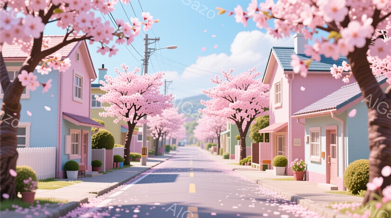 桜並木が続く、可愛らしい住宅街の風景です。淡いピンク色の桜の花びらが舞い散り、アスファルトの道と整然と並んだ家々を彩っています。背景には穏やかな青空と遠くの山々が見え、春の暖かさと安らぎを感じさせる静かな情景です。