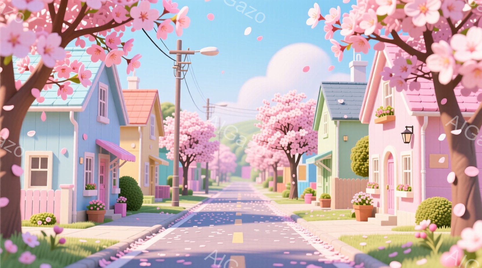 春の穏やかな住宅街の風景です。ピンク色の桜並木が道沿いに続き、カラフルで可愛らしい家々が整然と並んでいます。空は晴れ、ふわふわとした雲が浮かび、散りゆく桜の花びらが、暖かく優しい雰囲気を醸し出していま - AI生成フリー素材
