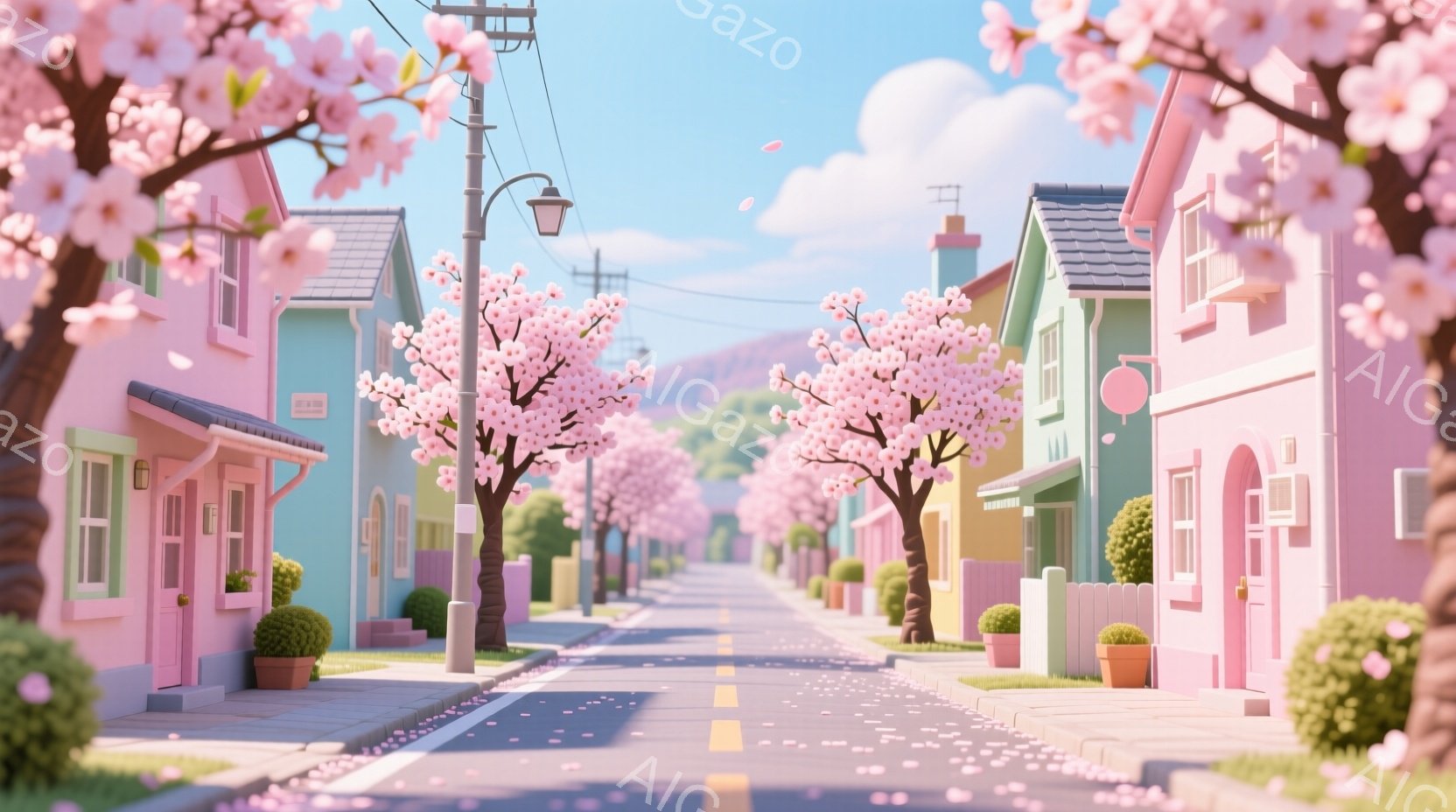 穏やかな春の並木道が描かれています。パステルカラーの可愛らしい家々が並び、桜の花びらが舞い散る様子が印象的です。背景には緑豊かな丘と青空が広がり、全体的に暖かく優しい雰囲気を感じさせます。