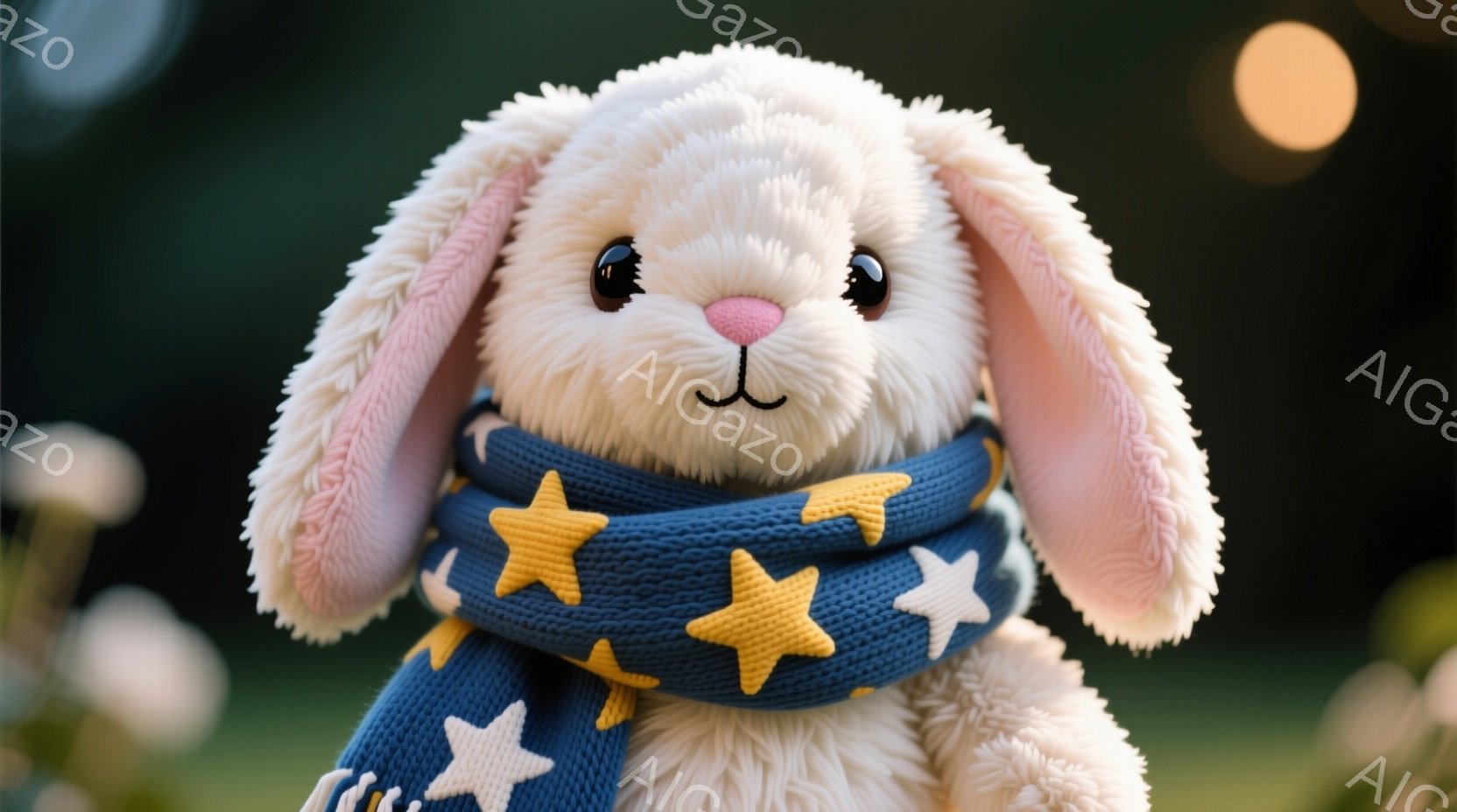 白いふわふわのウサギのぬいぐるみが、星柄の濃い青いマフラーを巻いています。ウサギは大きな茶色の瞳で正面を見つめ、愛らしい表情をしています。背景はぼやけた緑とわずかに見える花々で、柔らかく暖かい雰囲気を - AI生成フリー素材