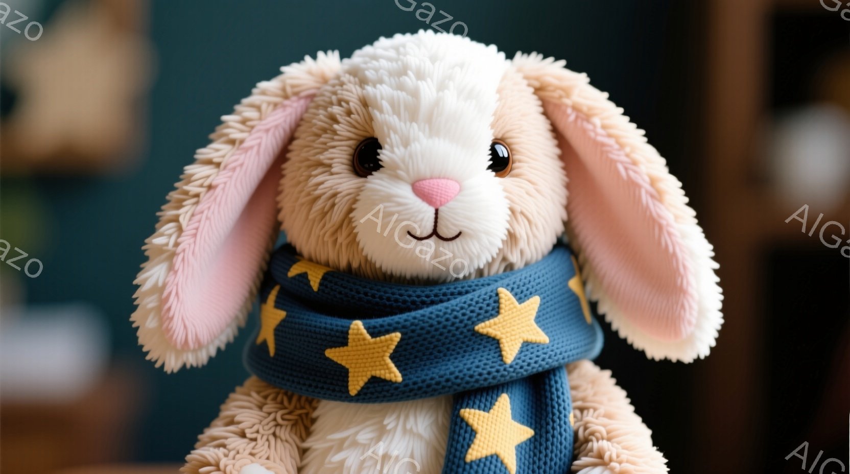 ふわふわのベージュ色のウサギのぬいぐるみは、明るい青色の星柄のネックウォーマーを巻いています。大きなピンク色の耳とつぶらな瞳が特徴で、穏やかで優しい表情をしています。背景にはぼやけた家具が見え、温かく - AI生成フリー素材