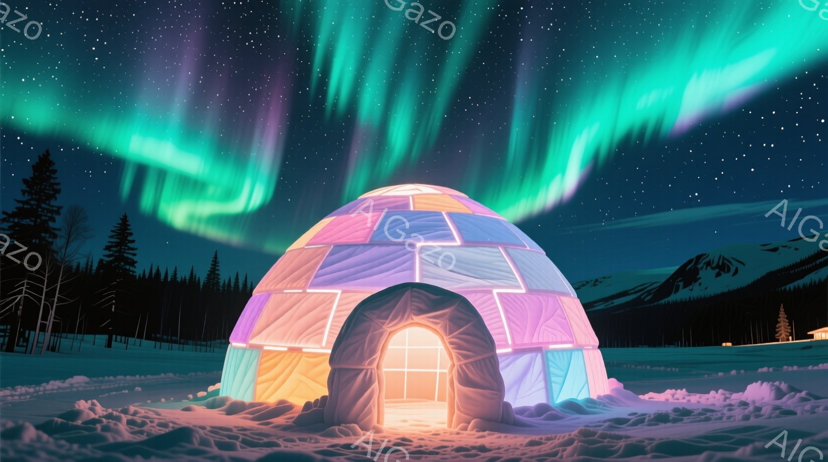 雪景色の中に、光を放つイグルーが建っています。オーロラが夜空を彩り、遠方には雪をまとった山々と針葉樹林が見えます。イグルーはカラフルな光で照らされ、暖かく幻想的な雰囲気を醸し出しています。 - AI生成フリー素材