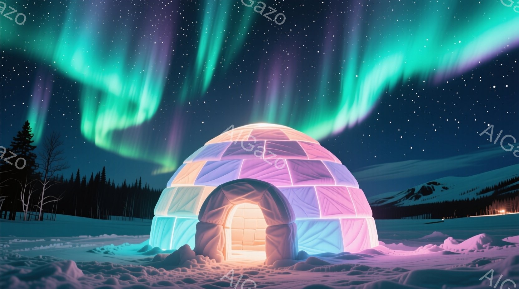 雪景色の中にイグルーが佇み、内部から暖かな光が漏れています。背景には針葉樹林と遠くの山々が広がり、夜空にはオーロラが幻想的な模様を描いています。雪はふんわりと積もり、全体的に静寂で神秘的な雰囲気が漂っ - AI生成フリー素材