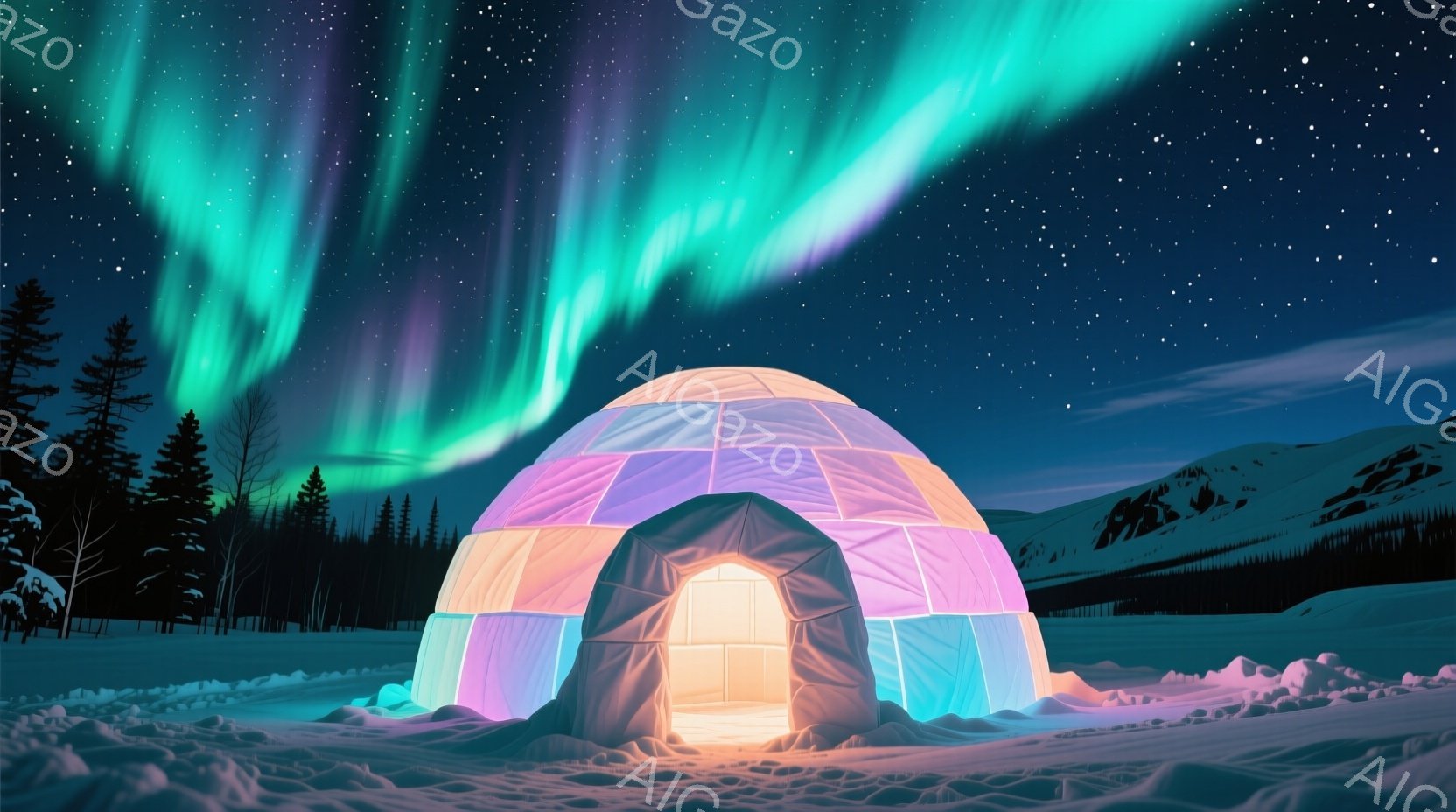 白い雪景色の中にイグルーが光り輝いています。オーロラが夜空を彩り、遠くには雪をまとった山々が連なっています。全体的に幻想的で、静寂に包まれた冬の夜の雰囲気が漂っています。 - AI生成フリー素材