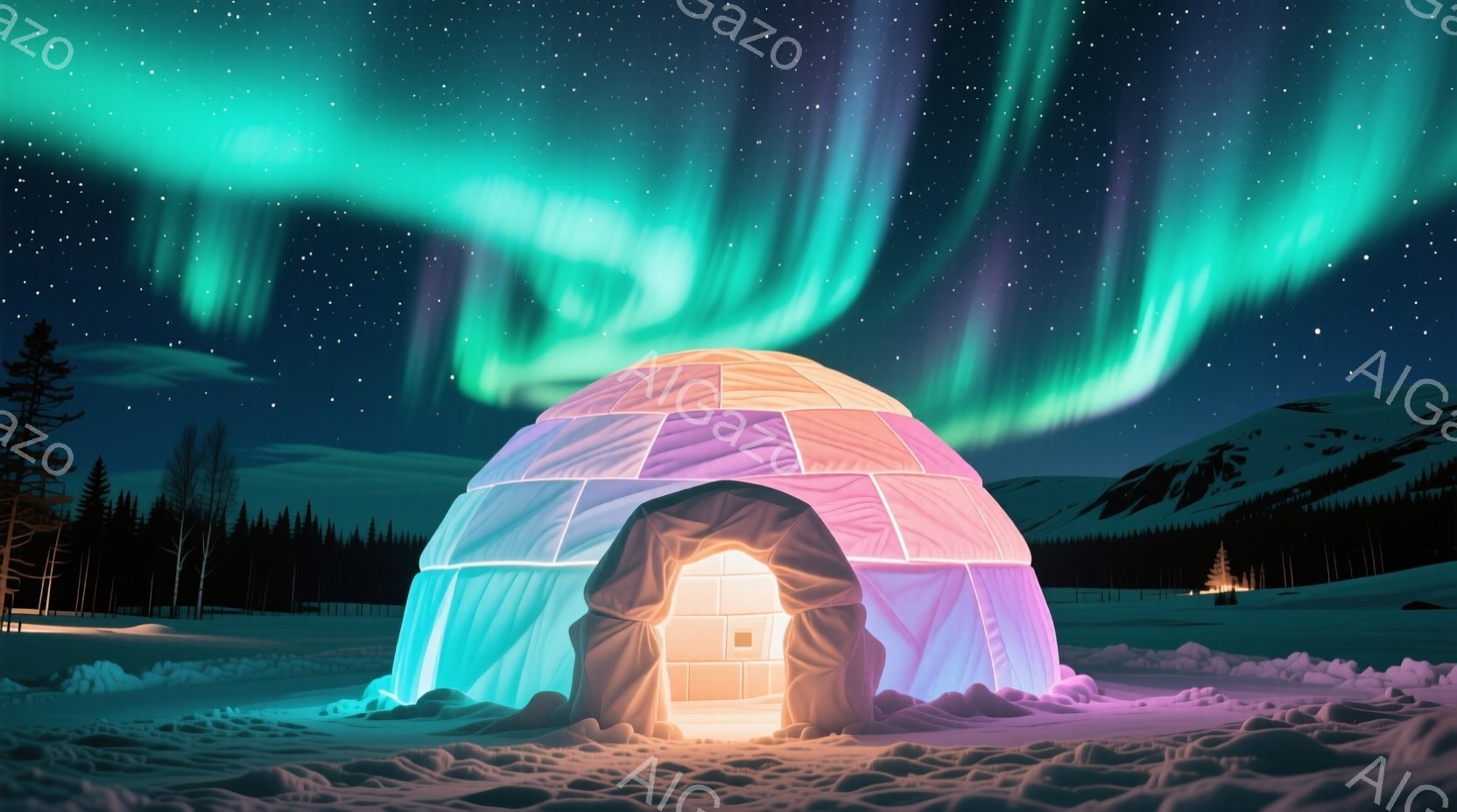 雪に覆われた風景の中に、光を放つイグルーが建っています。オーロラが夜空を彩り、イグルーの内部から温かい光が漏れています。背景には針葉樹林と遠くの山々が見え、幻想的な冬の雰囲気を醸し出しています。 - AI生成フリー素材