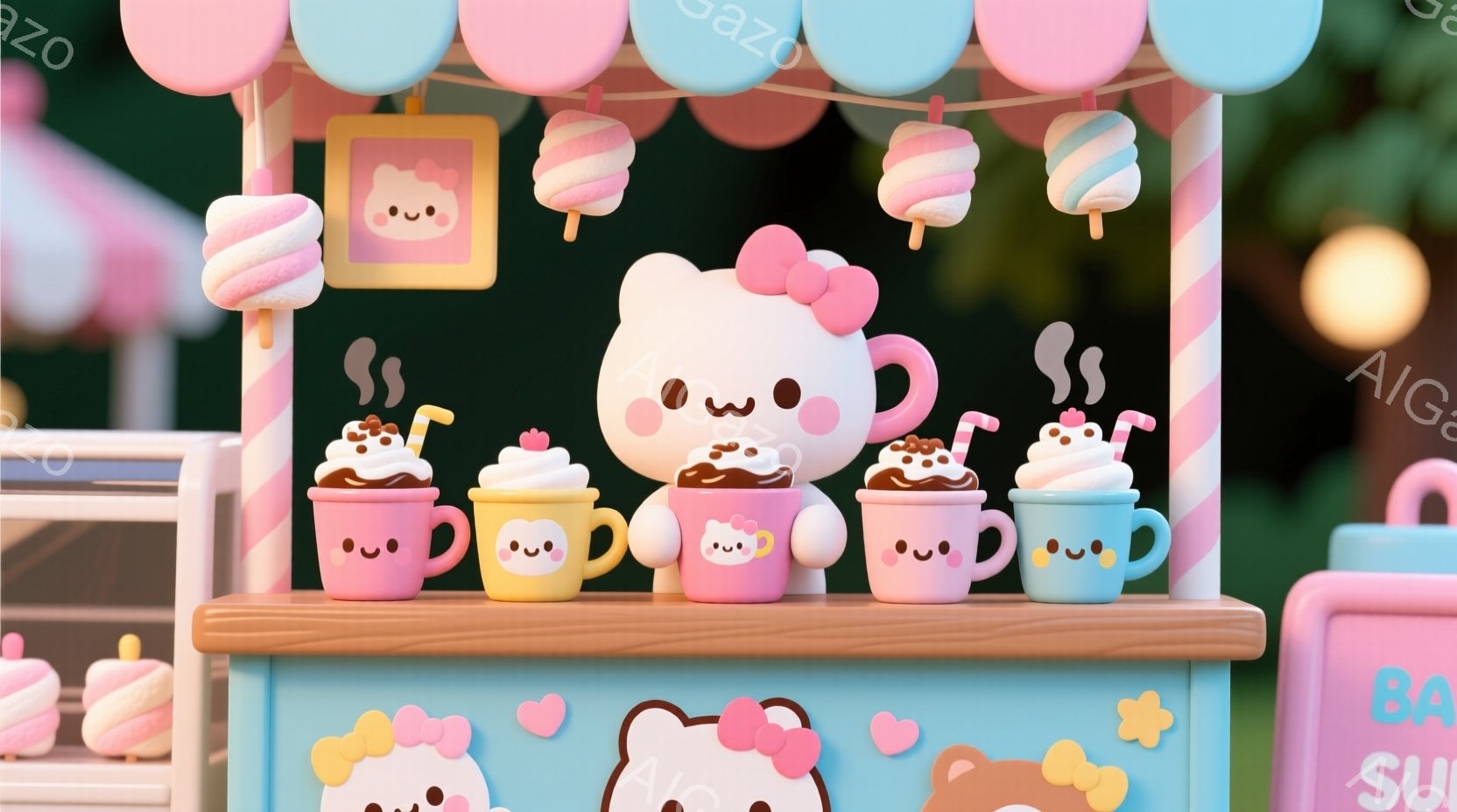 パステルカラーの可愛い屋台が描かれており、熱い飲み物が並んでいます。カップはそれぞれ異なる色をしており、すべて可愛らしい顔の絵が描かれています。背景には、パステルピンクの風船やマカロンが飾られており、全体的に甘くて夢のような雰囲気が漂っています。
