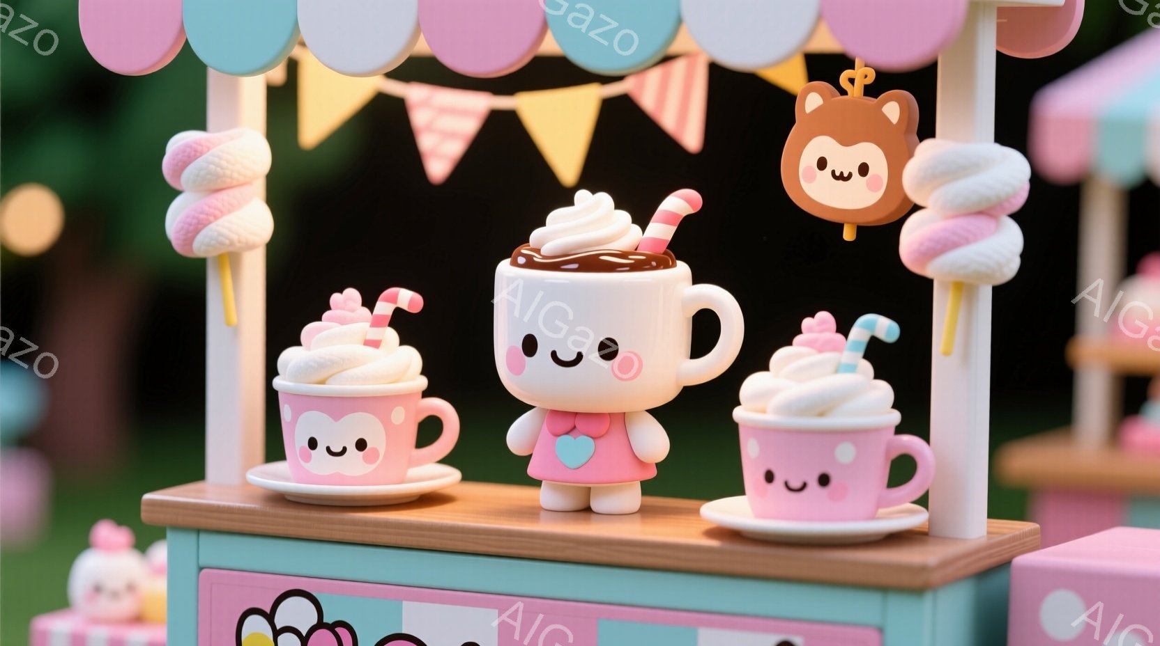 可愛らしいホットココアのキャラクターが、ピンク色の屋台で並んでいます。中央のキャラクターはホットココアの形をしており、ピンク色のハート型のペンダントをつけています。背景には緑の芝生と、パステルカラーの装飾が施された屋台があり、全体的に甘くて優しい雰囲気が漂っています。