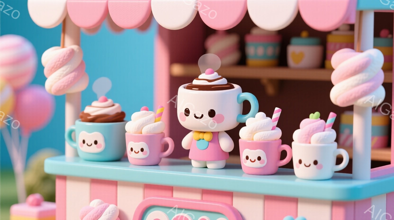 ピンクとミントグリーンの可愛らしい背景に、カップケーキやマシュマロのようなキャラクターたちが並んでいます。中央のキャラクターはホットチョコレートのような姿をしており、ピンクの洋服とリボンをつけています - AI生成フリー素材