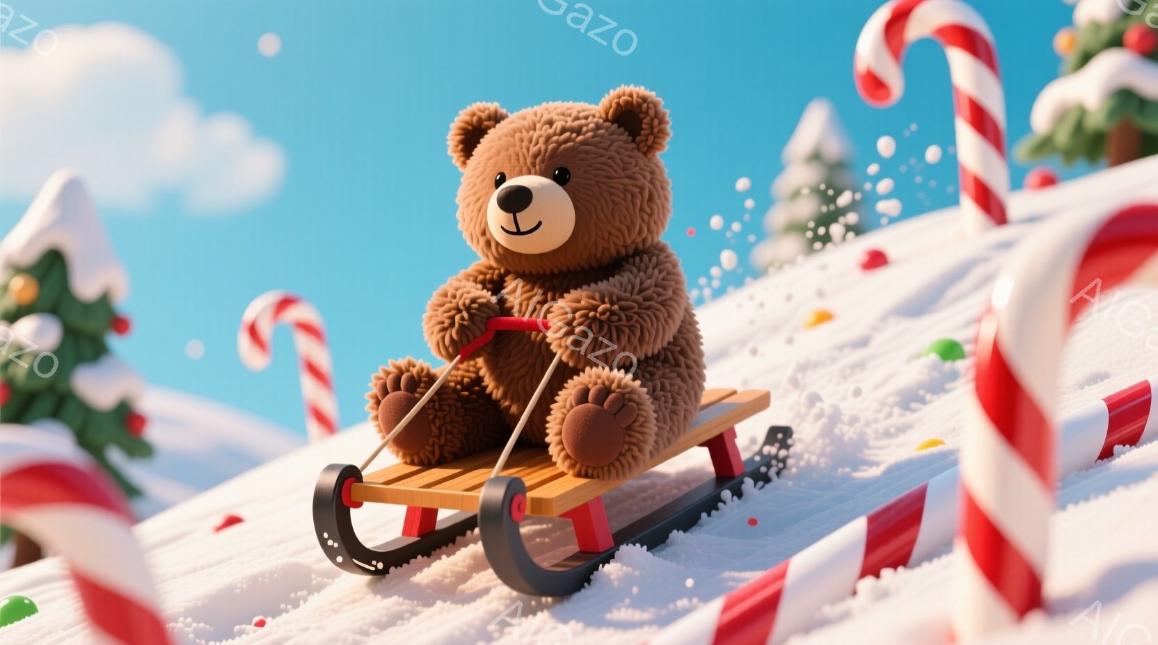 暖炉のような茶色のテディベアが、雪の上をそりに乗って滑っています。背景には、キャンディケーンと雪で覆われたクリスマスツリーがあり、雪が舞っています。全体的に、冬の暖かく幸せな雰囲気が漂っています。