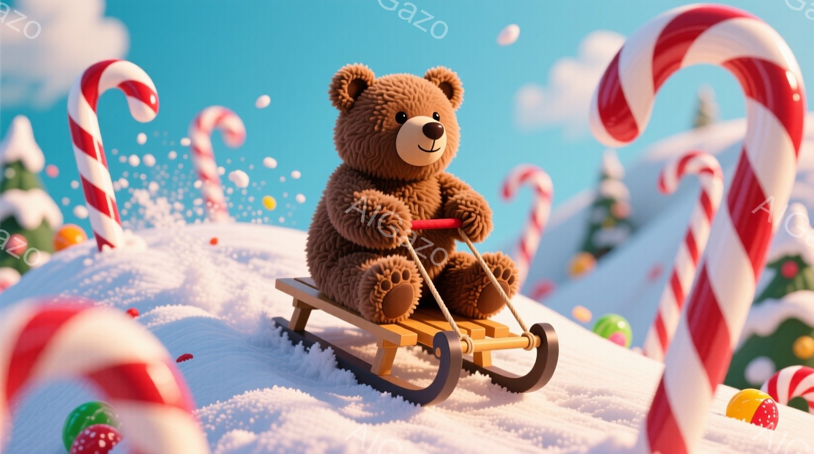 茶色いテディベアが雪の上をそりに乗って滑っています。背景には、キャンディケーンやカラフルな玉が散りばめられ、雪の降る冬の楽しい雰囲気が漂っています。全体的に明るく、遊び心のあるイラストレーションで、お - AI生成フリー素材