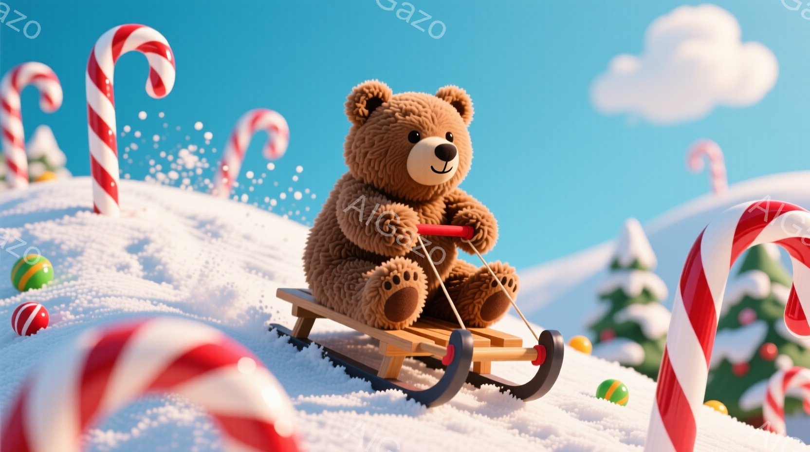 ふわふわの茶色のクマが、木製のそりに乗って雪の上を滑っています。背景には赤と白の縞模様のキャンディケーンや、雪をまとった緑色の木々が点在し、雪片が舞い上がっています。全体的に暖かく、遊び心にあふれた冬の雰囲気が漂っています。