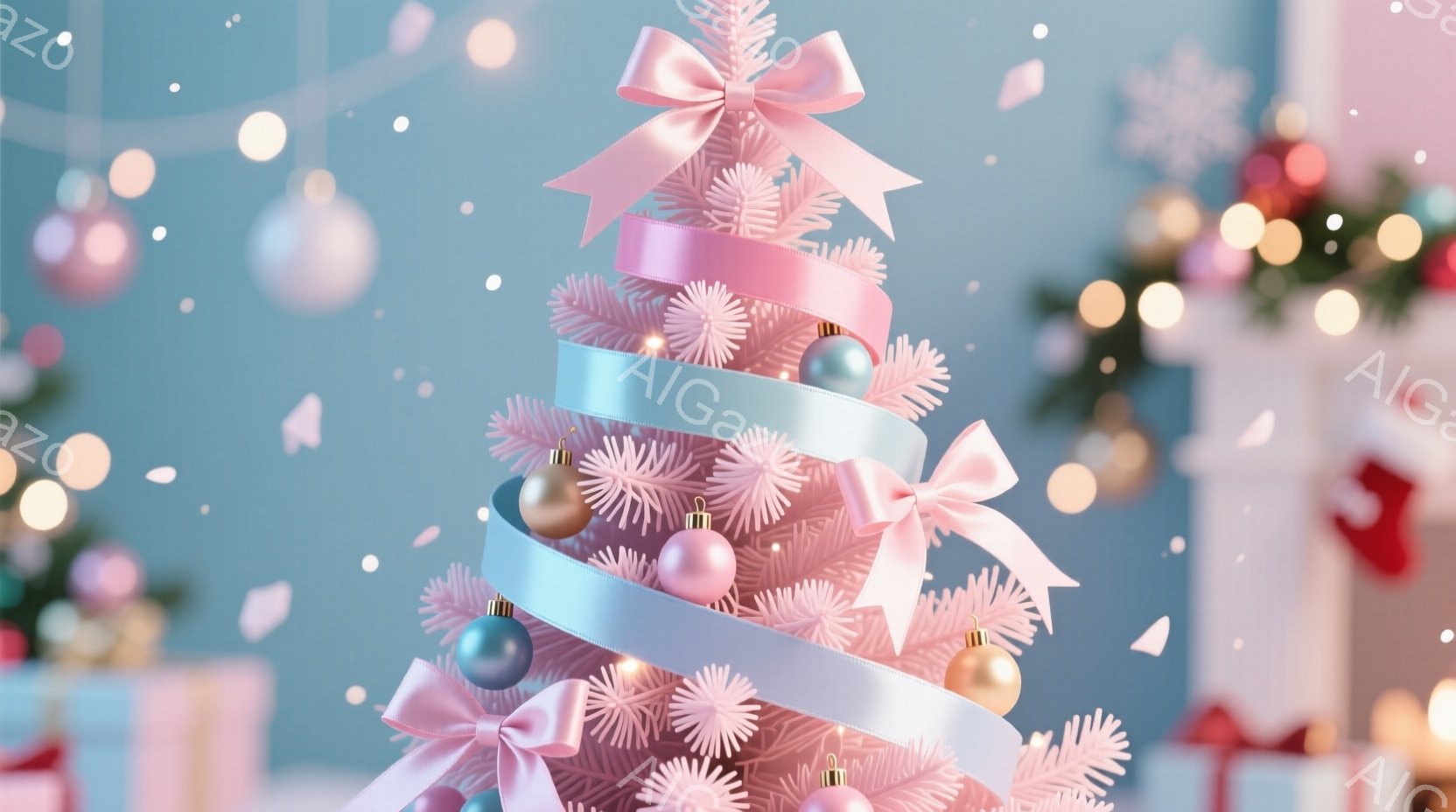 薄いピンク色のクリスマスツリーが、白いリボンと金色のオーナメントで飾られています。背景には、ぼやけたプレゼントボックスと、キラキラと輝くライトが散りばめられ、幻想的な雰囲気を醸し出しています。全体的に、淡い色調と装飾が、優雅で夢のようなクリスマスの雰囲気を演出しています。