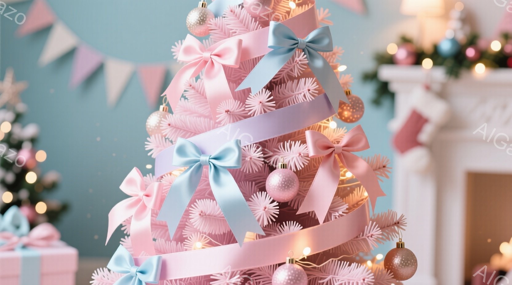 淡いピンク色のクリスマスツリーが、明るい背景を背景に映えています。ツリーはリボンやオーナメントで飾られ、温かい光が灯っています。背景には、暖炉とプレゼントボックスが見え、クリスマスの穏やかで華やかな雰 - AI生成フリー素材