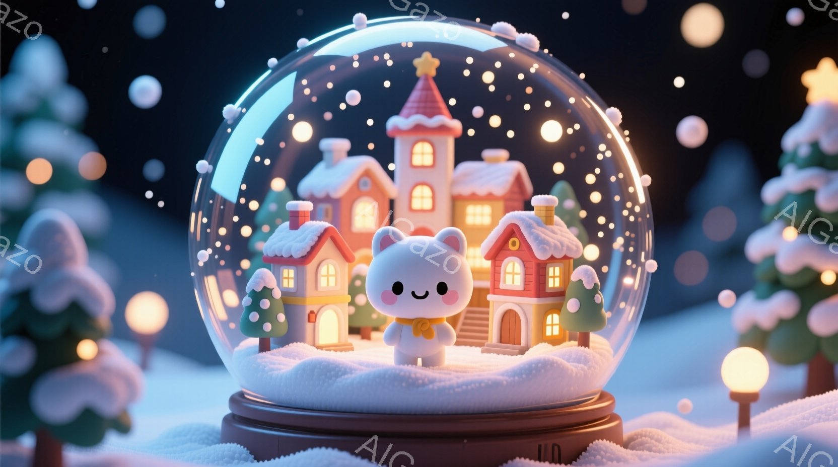 雪の降る夜の雪景色が閉じ込められたスノーグローブの中に、白いクマのぬいぐるみが立っています。クマは赤いマフラーを巻いており、つぶらな瞳で正面を見ています。背景には、雪で覆われた可愛らしい家々や、雪の積 - AI生成フリー素材