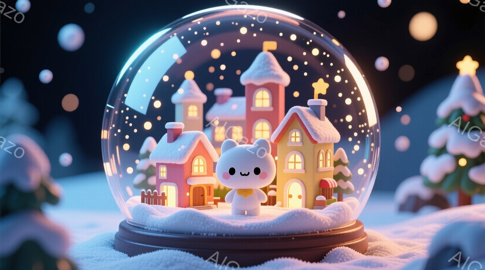 雪の降る夜を模したスノーグローブの中に、可愛らしいクマのぬいぐるみが立っている。周囲には、雪で覆われた屋根を持つカラフルな家々が並び、遠くには緑色のクリスマスツリーが見える。暖かく、幻想的な雰囲気で、 - AI生成フリー素材
