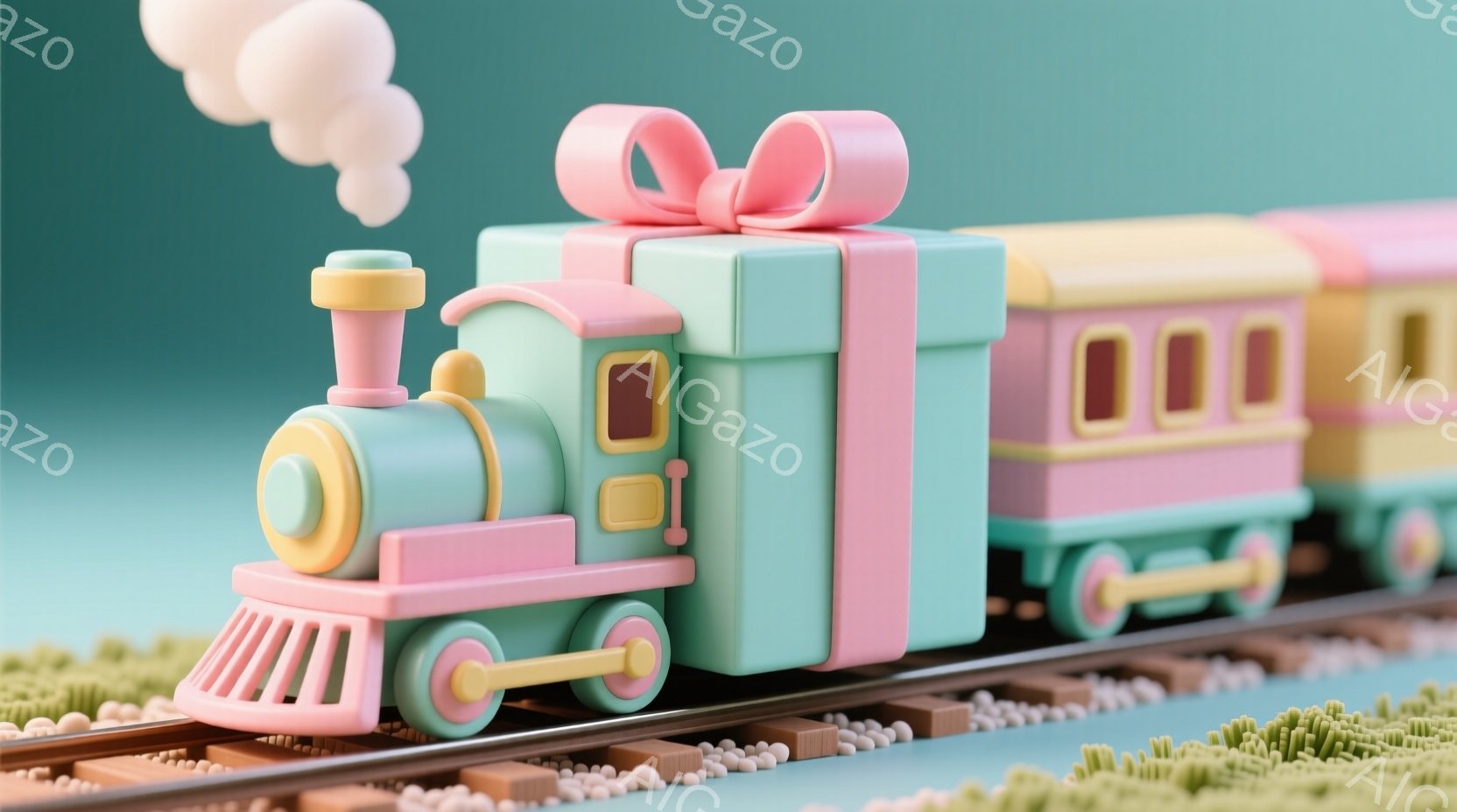 ターコイズとピンクの可愛らしい蒸気機関車が、緑色の芝生の上に敷かれた線路の上を走っています。機関車の先頭には大きなリボンが付いたギフトボックスが取り付けられており、その後にピンクと黄色の客車が連なって - AI生成フリー素材