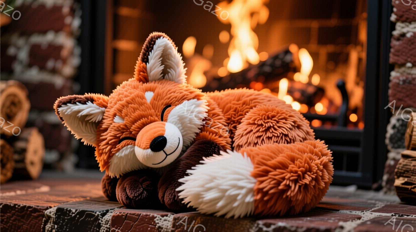 オレンジ色のふわふわしたキツネのぬいぐるみは、レンガ造りの暖炉の前で丸まって眠っています。キツネは目を閉じ、穏やかな表情をしており、尻尾は白い毛で縁取られています。暖炉の中では炎が燃え盛り、背景のレン - AI生成フリー素材