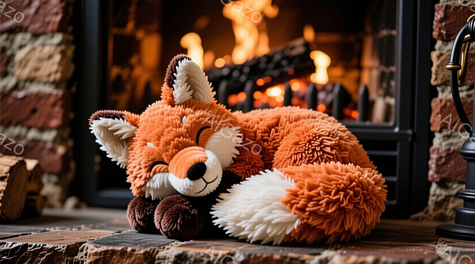 暖炉の前に、ふわふわとしたオレンジ色の狐のぬいぐるみがあります。体は丸みを帯びていて、白い胸と尻尾の先端が特徴的で、リラックスした姿勢で横たわっています。背景には煉瓦造りの暖炉があり、炎が燃え盛って暖 - AI生成フリー素材