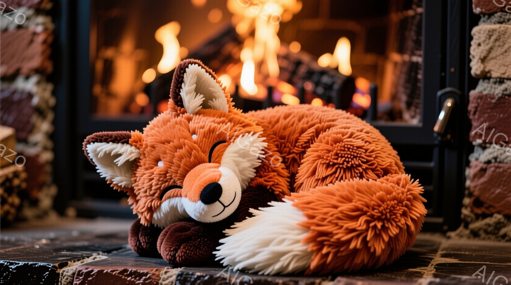 暖炉のそばの石造りの床に、オレンジ色の毛並みのふわふわしたキツネのぬいぐるみがおとなしく丸まって眠っています。キツネは目を閉じ、穏やかな表情で、まるで暖炉の温かさを楽しんでいるかのようです。背景には燃え盛る炎があり、温かく居心地の良い雰囲気を醸し出しています。