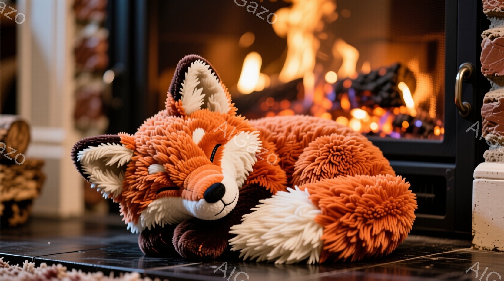 明るいオレンジ色のふわふわしたキツネのぬいぐるみは、暗い色のタイルの床の上で丸まって眠っています。背景には暖炉があり、燃え盛る炎が暖かく心地よい雰囲気を作り出しています。暖炉の周りにはレンガが積み上げられており、壁の一部を形成しています。