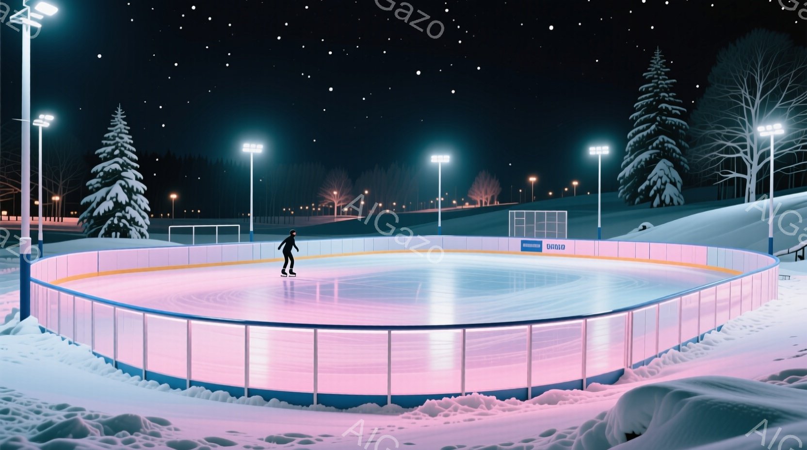 凍てつく夜の屋外スケートリンクで、一人の人物が黒い服装で滑っている。リンクはピンクと青の光で照らされ、周囲は雪に覆われた木々と白い雪景色が広がっている。夜空には星が輝き、冷たく静謐な雰囲気が漂っている - AI生成フリー素材