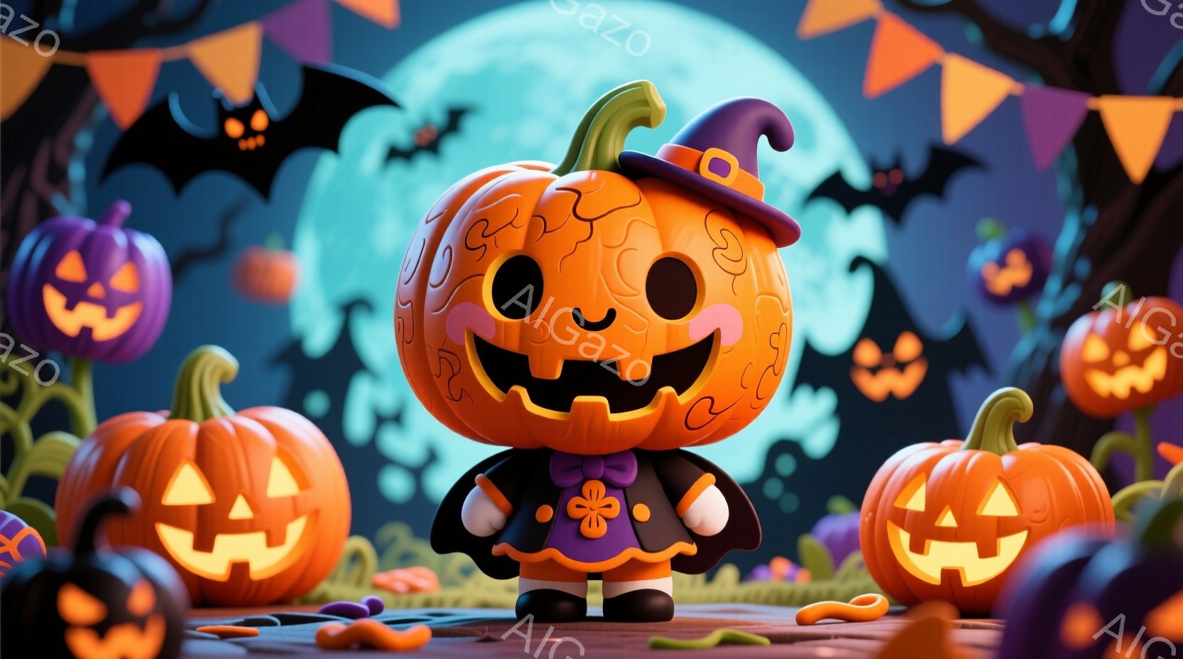 カボチャの姿をした可愛らしいキャラクターが、紫色の衣装と魔女帽子を身に着けて立っています。背景には、ハロウィーンの飾り付けや、浮かぶコウモリ、そしてオレンジ色のカボチャが散りばめられています。全体的に - AI生成フリー素材