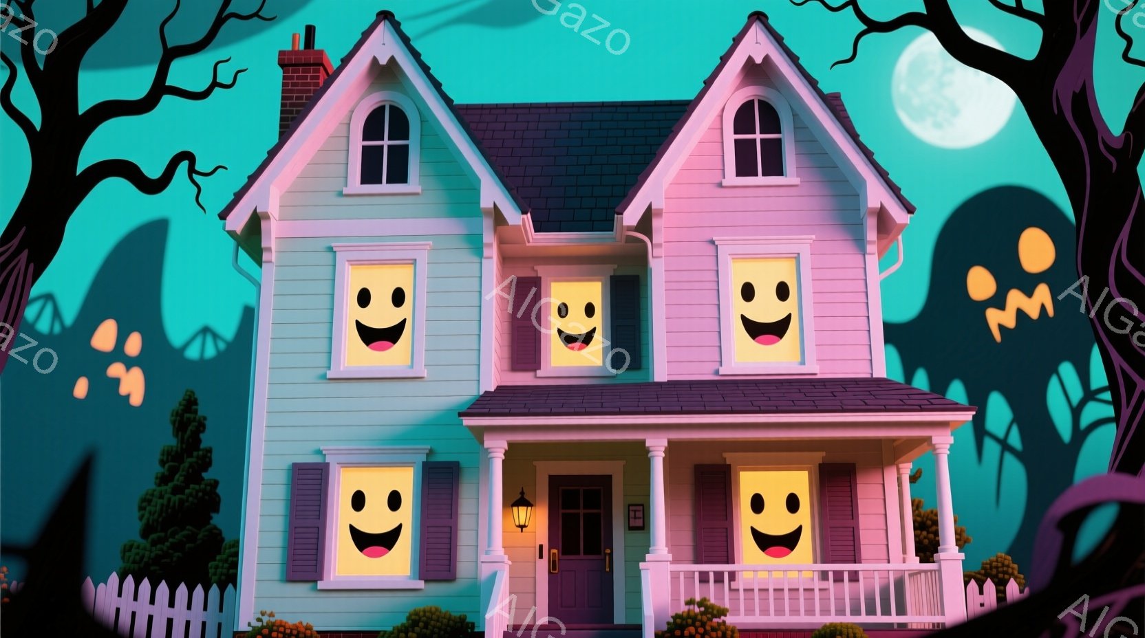 明るい水色の二階建ての家が、ハロウィーンの飾り付けがされています。窓には笑顔の顔が描かれており、正面の庭には小さな白い柵と茂った緑の低木があります。背景は暗い青緑色で、シルエットの幽霊や満月が浮かび、 - AI生成フリー素材